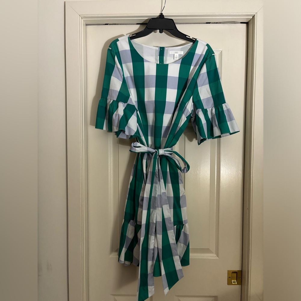 Beautiful cotton lined dress. Gingham. Removable tie. Ruffle bottom knee/sleeves
